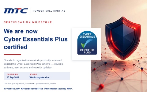 MTC Powder Solutions Achieves Cyber Essentials Plus Certification