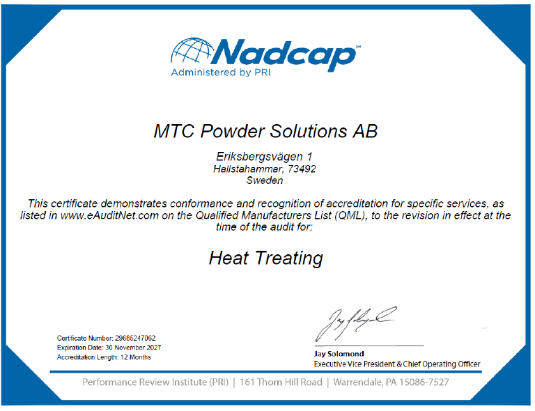 MTC Powder Solutions' NADCAP Certificate 2026